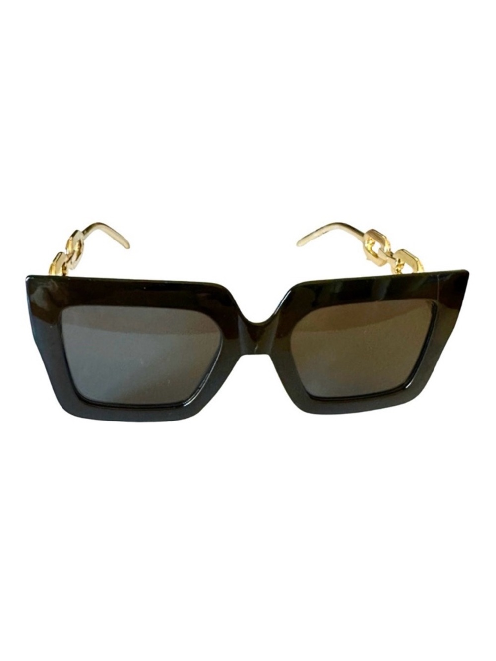 Black Sunglasses Gold Accents Rectangular Frame Unisex GUC Scratched Lenses